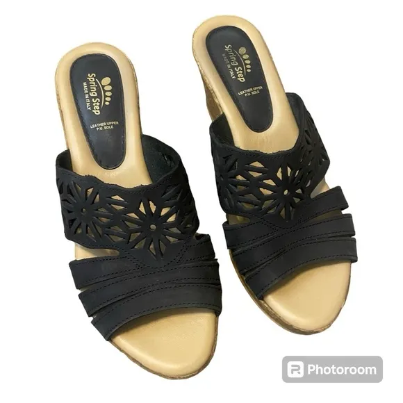 Spring Step Estella Black Leather Nubuck Wedge Slide Sandals