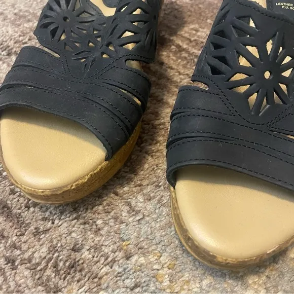 Spring Step Estella Black Leather Nubuck Wedge Slide Sandals