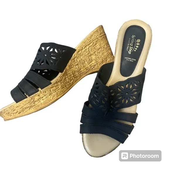 Spring Step Estella Black Leather Nubuck Wedge Slide Sandals