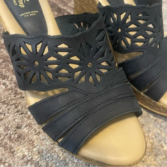 Spring Step Estella Black Leather Nubuck Wedge Slide Sandals