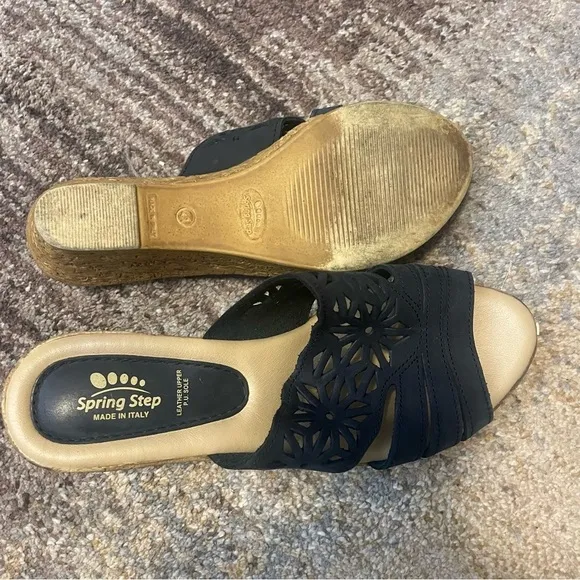 Spring Step Estella Black Leather Nubuck Wedge Slide Sandals