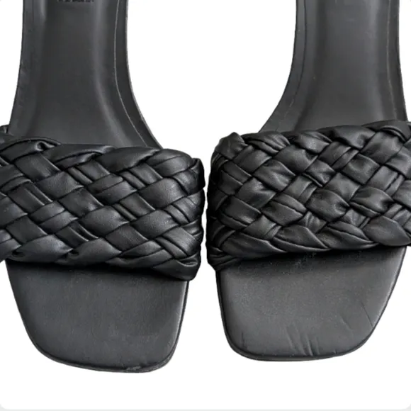 Steve Madden ASPYN Black Woven Leather Block Heel Mules Size 6.5 Square Toe