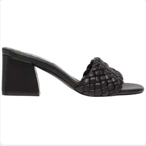 Steve Madden ASPYN Black Woven Leather Block Heel Mules Size 6.5 Square Toe