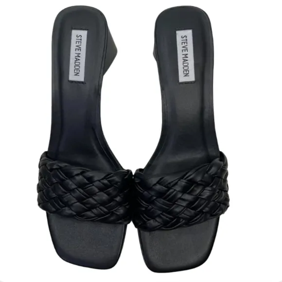 Steve Madden ASPYN Black Woven Leather Block Heel Mules Size 6.5 Square Toe