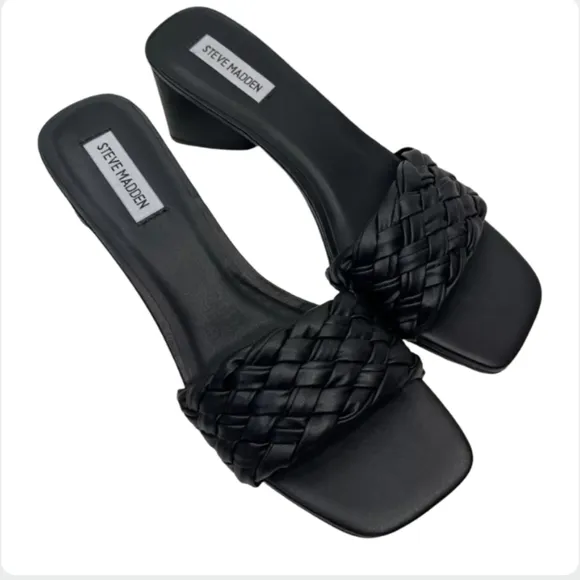 Steve Madden ASPYN Black Woven Leather Block Heel Mules Size 6.5 Square Toe