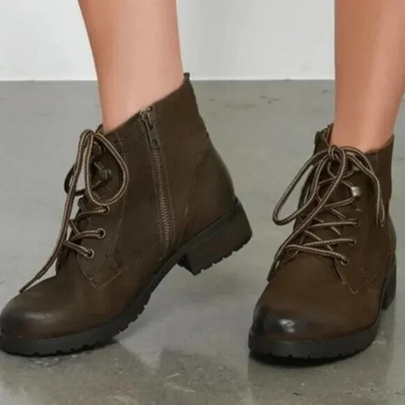 Steve Madden Gobbin Brown Leather Ankle Biker Boots Lace Up Side Zip Womens 7M