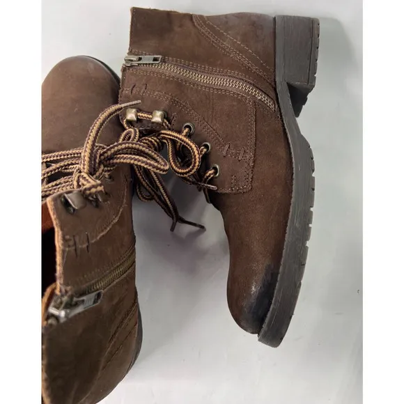 Steve Madden Gobbin Brown Leather Ankle Biker Boots Lace Up Side Zip Womens 7M