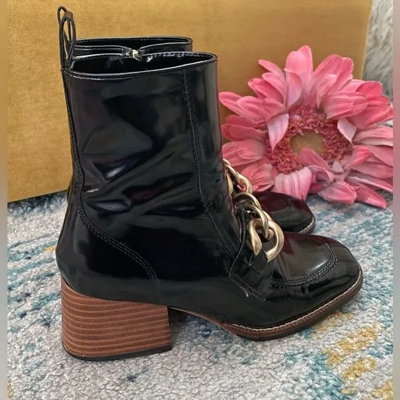 Steve Madden Loreen Ankle Boots Black Patent Gold Chain 7.5