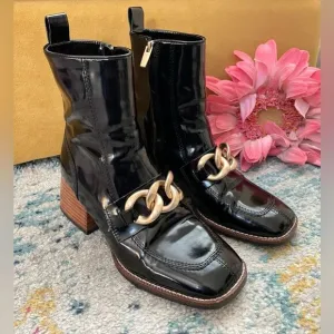Steve Madden Loreen Ankle Boots Black Patent Gold Chain 7.5