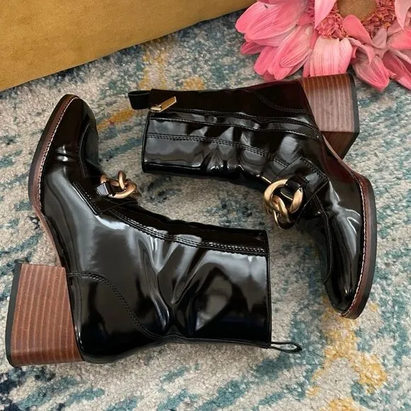 Steve Madden Loreen Ankle Boots Black Patent Gold Chain 7.5