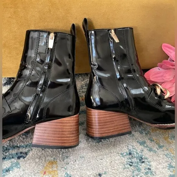 Steve Madden Loreen Ankle Boots Black Patent Gold Chain 7.5