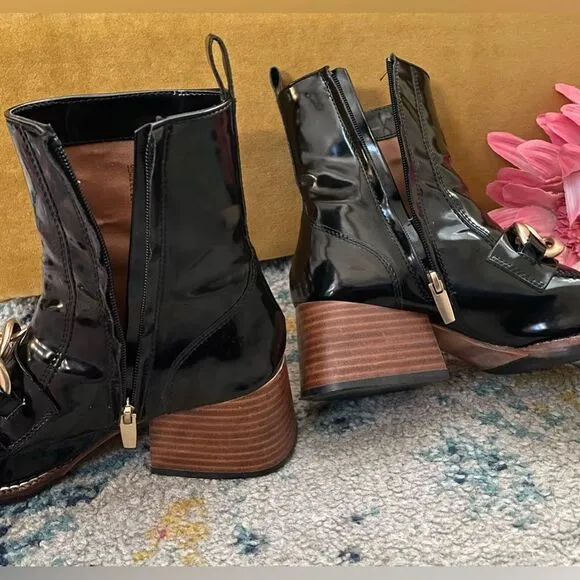 Steve Madden Loreen Ankle Boots Black Patent Gold Chain 7.5