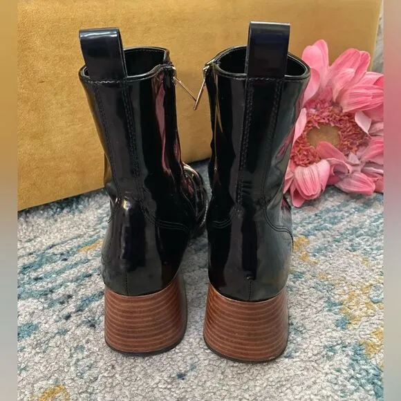 Steve Madden Loreen Ankle Boots Black Patent Gold Chain 7.5