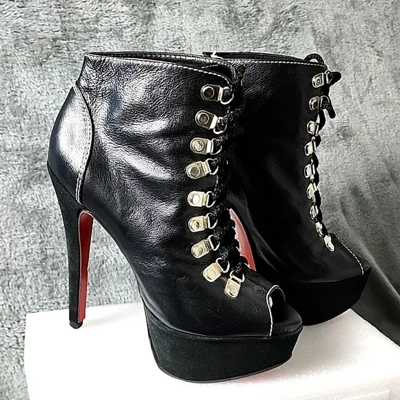 Stilettos Peep Toe Platform Lace-Up Boots with Red bottoms Size 8
