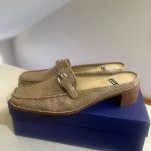 Stuart Weitzman Beige Textured Leather Slip On Slides Mules‎ Loafers Size 9.5M