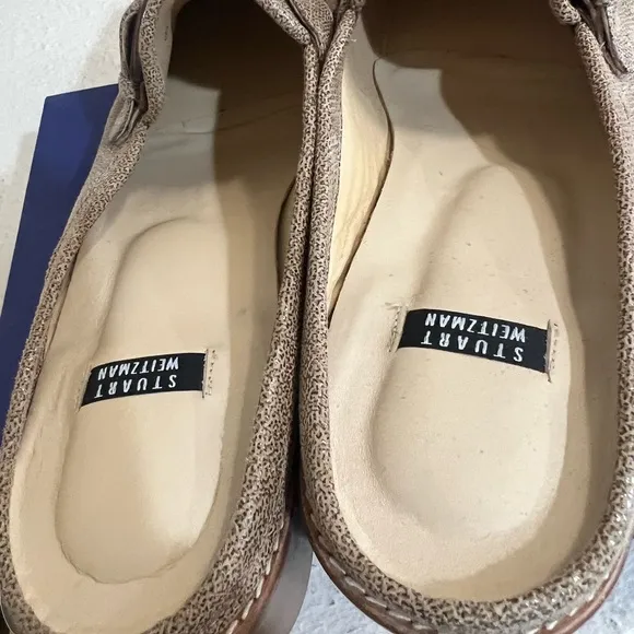 Stuart Weitzman Beige Textured Leather Slip On Slides Mules‎ Loafers Size 9.5M