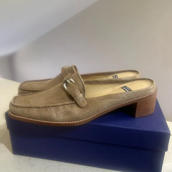 Stuart Weitzman Beige Textured Leather Slip On Slides Mules‎ Loafers Size 9.5M