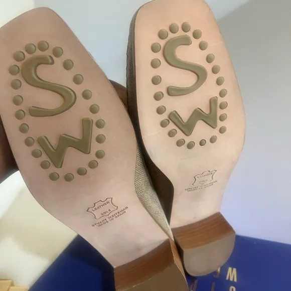 Stuart Weitzman Beige Textured Leather Slip On Slides Mules‎ Loafers Size 9.5M