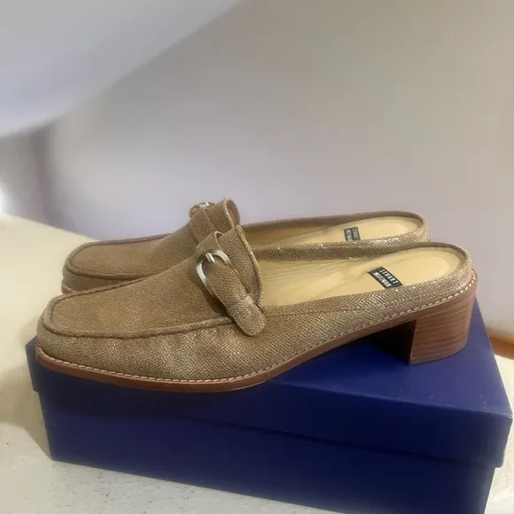 Stuart Weitzman Beige Textured Leather Slip On Slides Mules‎ Loafers Size 9.5M