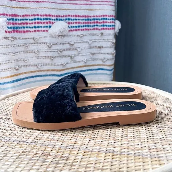 Stuart Weitzman Cammy Shearling-Strap Slide Sandals Women’s Size 6.5