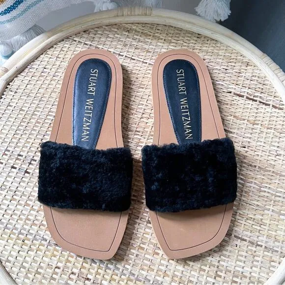 Stuart Weitzman Cammy Shearling-Strap Slide Sandals Women’s Size 6.5