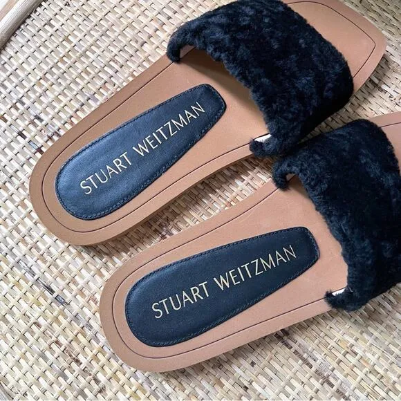 Stuart Weitzman Cammy Shearling-Strap Slide Sandals Women’s Size 6.5