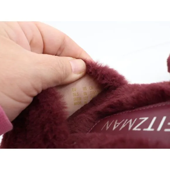 Stuart Weitzman Elodie Chill Slide Tan Burgundy Sandals Faux Fur Women's 5B