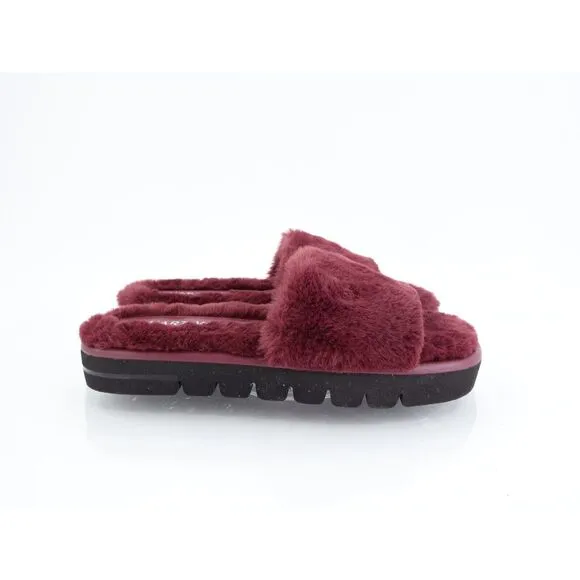 Stuart Weitzman Elodie Chill Slide Tan Burgundy Sandals Faux Fur Women's 5B