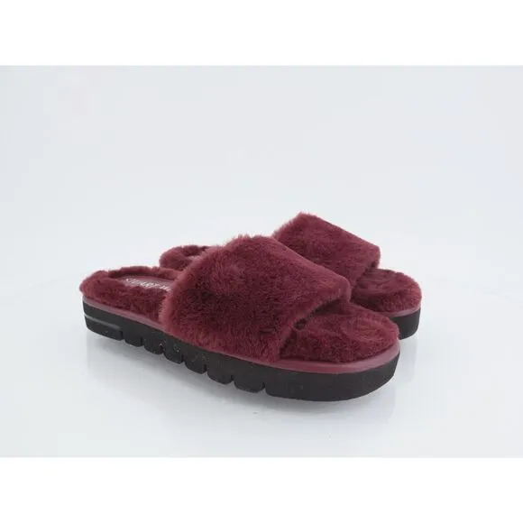 Stuart Weitzman Elodie Chill Slide Tan Burgundy Sandals Faux Fur Women's 5B