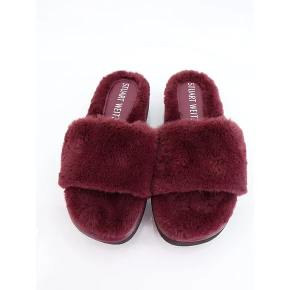 Stuart Weitzman Elodie Chill Slide Tan Burgundy Sandals Faux Fur Women's 5B