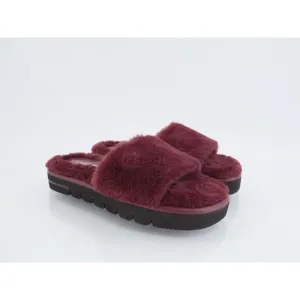 Stuart Weitzman Elodie Chill Slide Tan Burgundy Sandals Faux Fur Women's 5B