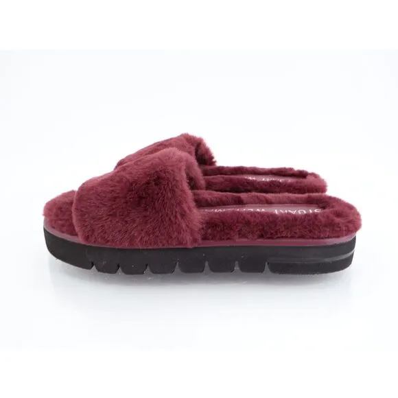 Stuart Weitzman Elodie Chill Slide Tan Burgundy Sandals Faux Fur Women's 5B