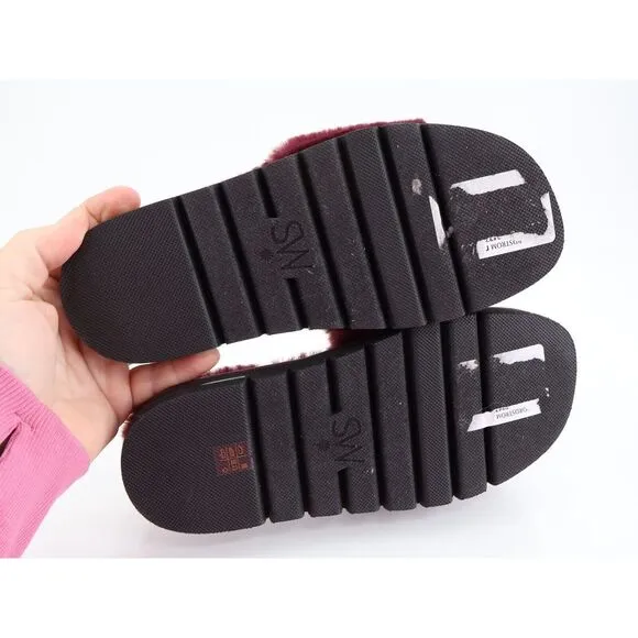 Stuart Weitzman Elodie Chill Slide Tan Burgundy Sandals Faux Fur Women's 5B