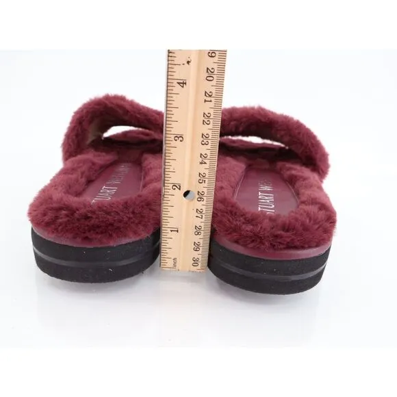Stuart Weitzman Elodie Chill Slide Tan Burgundy Sandals Faux Fur Women's 5B