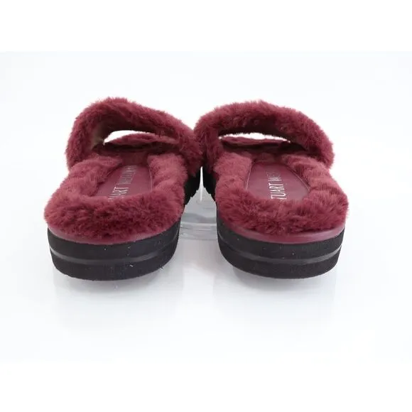 Stuart Weitzman Elodie Chill Slide Tan Burgundy Sandals Faux Fur Women's 5B