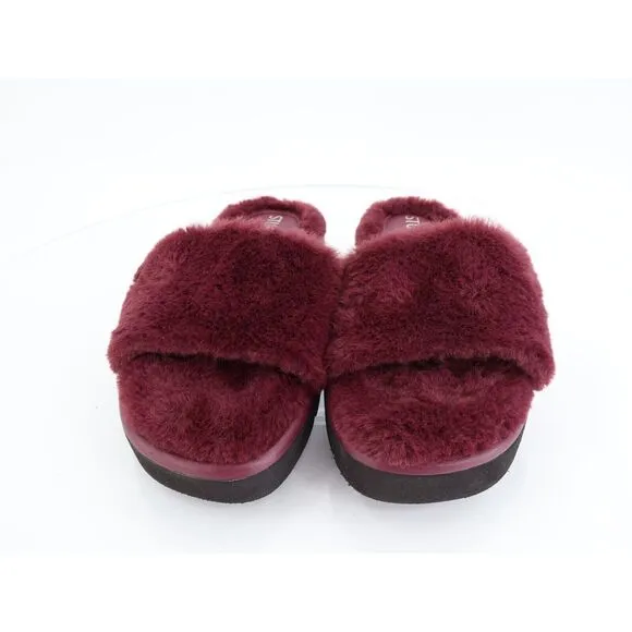 Stuart Weitzman Elodie Chill Slide Tan Burgundy Sandals Faux Fur Women's 5B