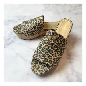 Stuart Weitzman Flatout Leopard Slide Cork Flatform Sandals