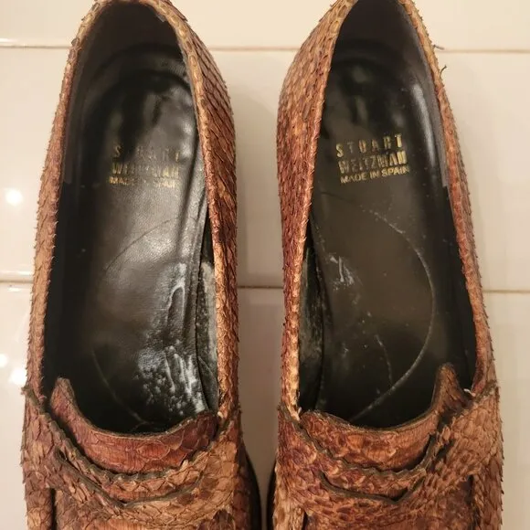 Stuart Weitzman Genuine Python Loafers 9N Made In Spain Brown Flat Strap Preppy