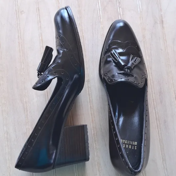 Stuart Weitzman Girlthing Brown Leather Oxford Tassels Loafer Heeled Pumps