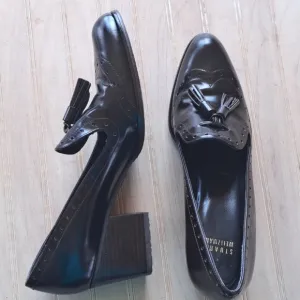 Stuart Weitzman Girlthing Brown Leather Oxford Tassels Loafer Heeled Pumps