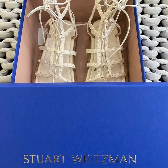 Stuart Weitzman Kora Sandals Flats Size 7.5 Lace Up Gladiator Caged Seashell NWT