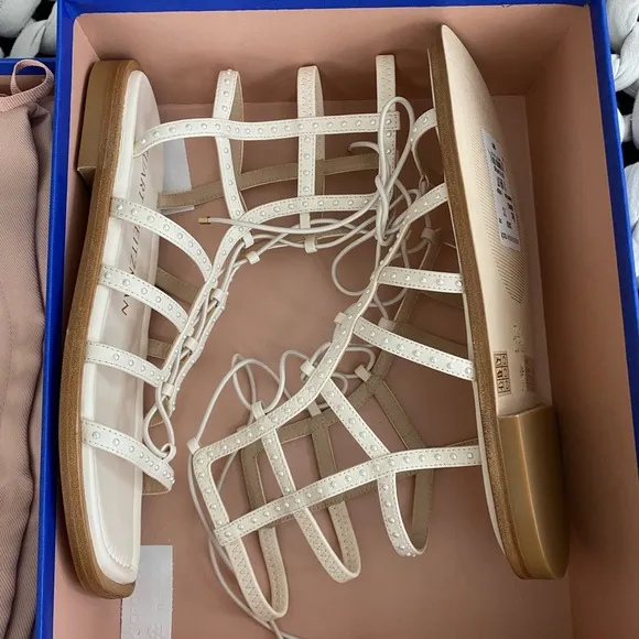 Stuart Weitzman Kora Sandals Flats Size 7.5 Lace Up Gladiator Caged Seashell NWT