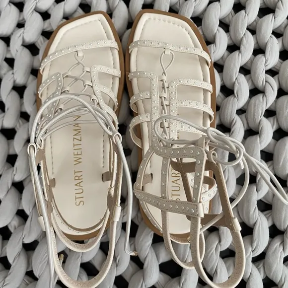Stuart Weitzman Kora Sandals Flats Size 7.5 Lace Up Gladiator Caged Seashell NWT
