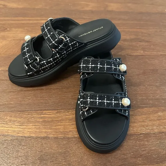 Stuart Weitzman Pearl Tweed Double Strap Women's Black Sandals Sport Slide
