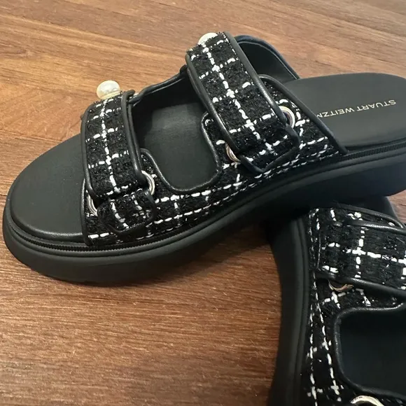 Stuart Weitzman Pearl Tweed Double Strap Women's Black Sandals Sport Slide