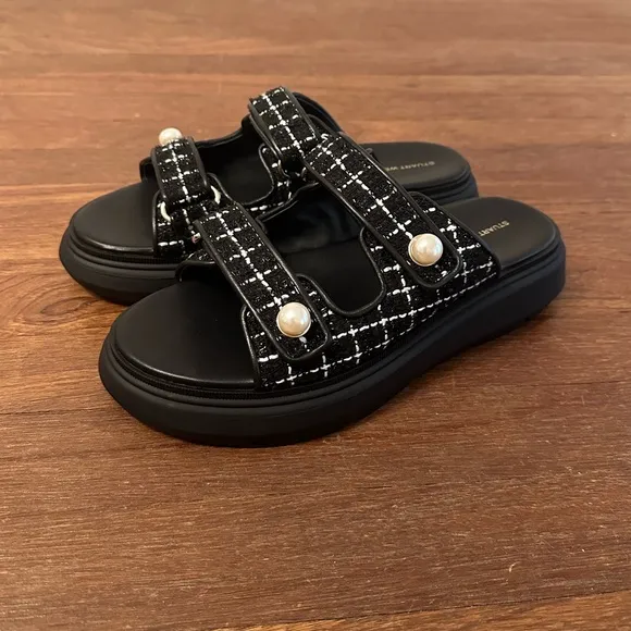 Stuart Weitzman Pearl Tweed Double Strap Women's Black Sandals Sport Slide
