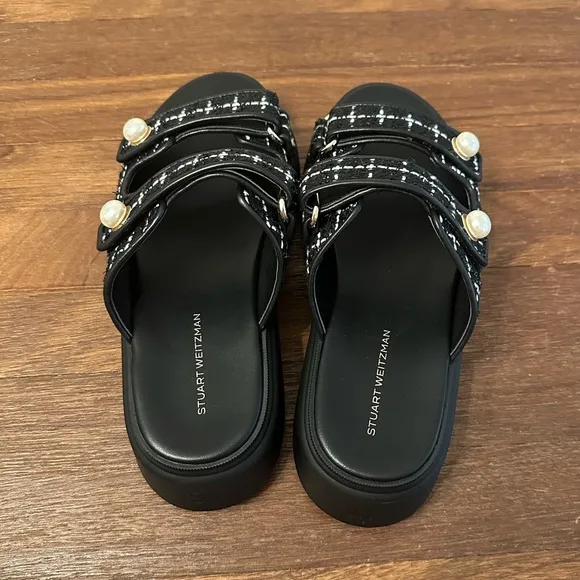 Stuart Weitzman Pearl Tweed Double Strap Women's Black Sandals Sport Slide