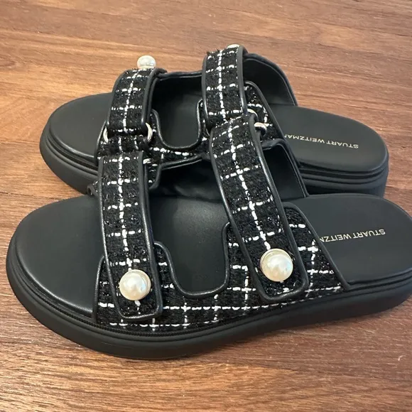 Stuart Weitzman Pearl Tweed Double Strap Women's Black Sandals Sport Slide
