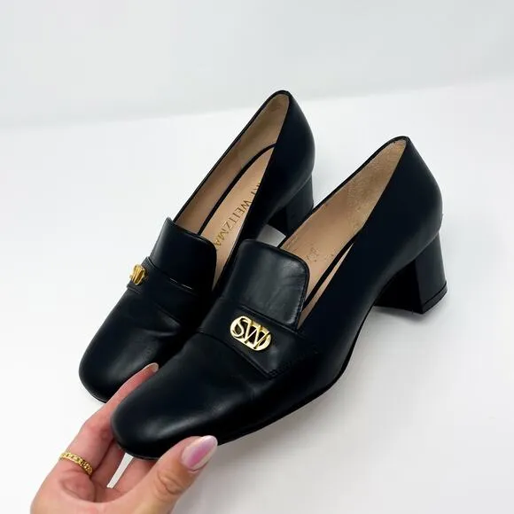STUART WEITZMAN Riela Black Leather Block Heel Loafer