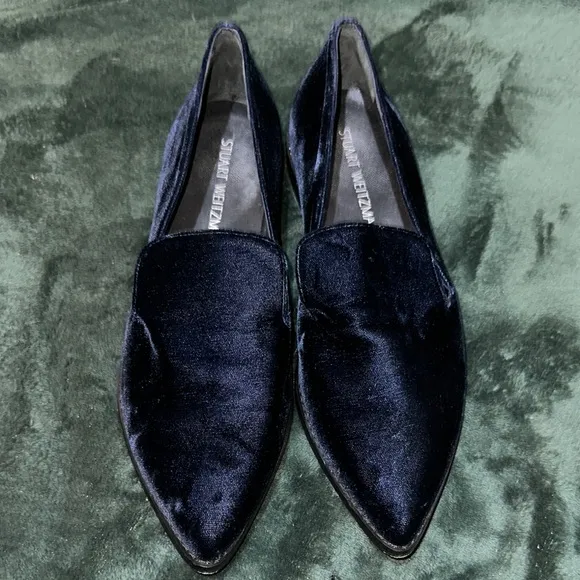 Stuart Weitzman Runatab Velvet Flat In Blue Size 9 1/2 Preowned MSRP $425